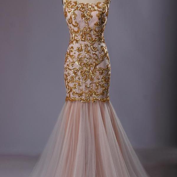 Pink Tulle Floor Length Mermaid Prom Dress Featuring Bateau Neckline ...