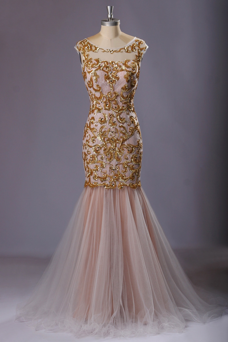 Pink Tulle Floor Length Mermaid Prom Dress Featuring Bateau Neckline ...